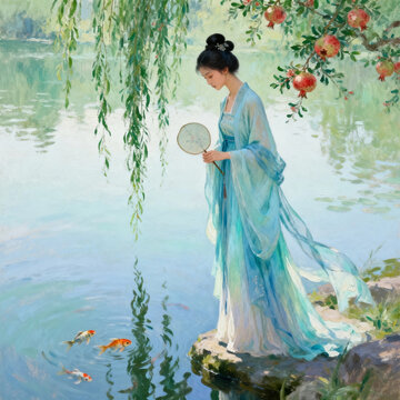 Ancient Lady In Cyan Hanfu Watching Goldfish By Lak