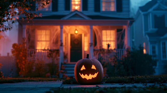 Decorated Halloween pumpkin in front of a house.