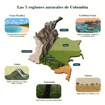 Colombia Natural Regions 3D Map &ndash; Five Geographic Landscapes Infographic