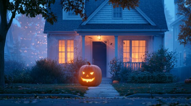 Decorated Halloween pumpkin in front of a house.