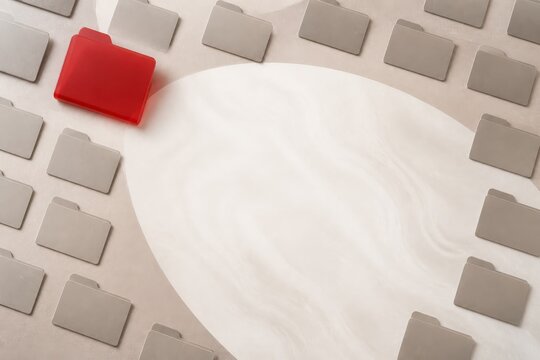 Red file folder on organized document archive with copy space