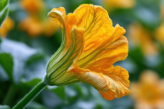 Bright yellow squash blossom flower in close-up view with green stem and blurred foliage