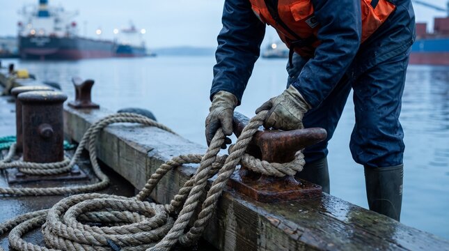 Port dock worker in safety jacket, holding thick rope, tying knot around iron cleat bollard, standing on harbor pier, maritime industry photography