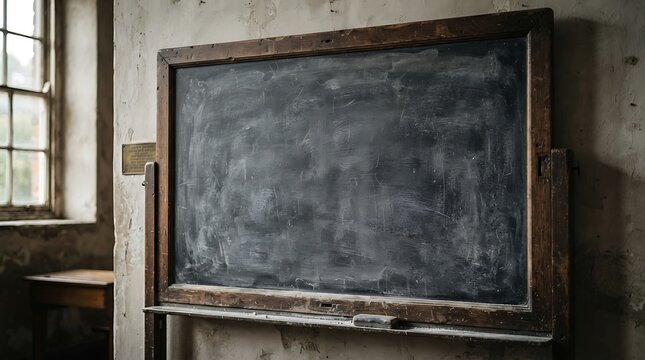 Empty vintage classroom with a dusty flame-chalk baord in a rustic wooden frame next to a window in an abandoned school building.