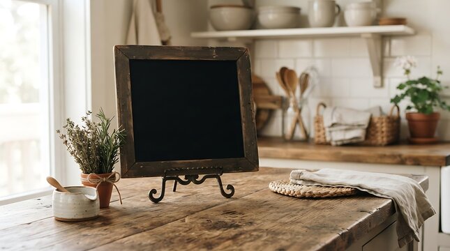 A blank flame-chalk baord with a wooden frame standing on a rustic kitchen table, surrounded by cozy home decor in a bright farmhouse.