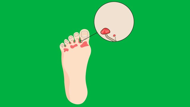 Medical vector animation illustrating athlete&rsquo;s foot affecting the toes, highlighting fungal infection, itching and skin irritation, with related conditions such as toenail fungus,green background