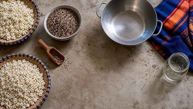 Close up overhead view of various grains and seeds on a rustic surface, perfect for cooking ingredients, natural textures, and healthy eating concepts, rustic autumn harvest feel