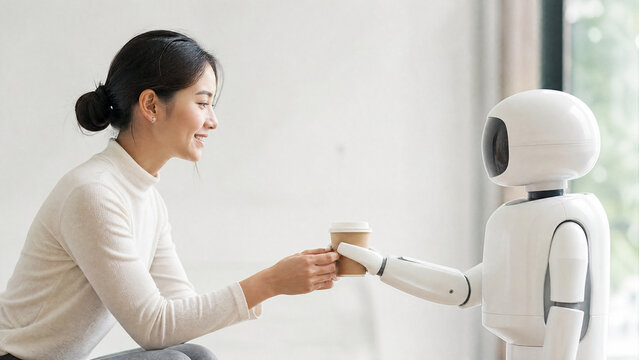 Woman receives coffee from a robot in a modern indoor setting