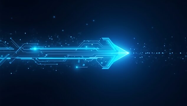 Futuristic digital arrow with glowing blue circuit design on dark background