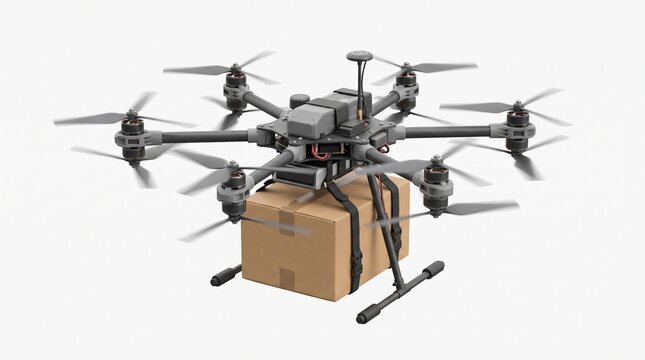 Modern delivery drone with a cardboard package suspended underneath, showcasing advanced logistics and future transportation technology