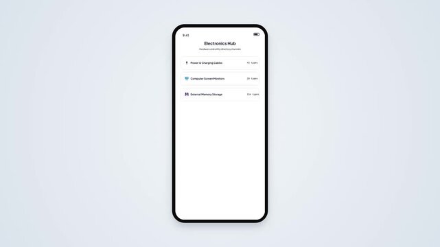 Electronics Hub Category List Mobile App User Interface Animation Mockup