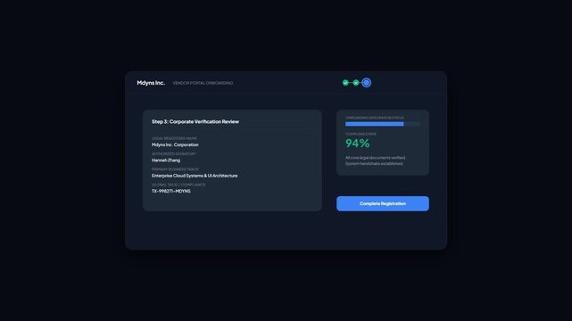 Corporate Vendor Onboarding Portal Verification Review Animation. Dark mode web interface graphic showing a 94 percent compliance checklist loading bar and final vendor onboarding completed status.