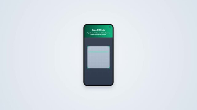 QR Code Scanner App Interface Concept with Green Scan Line for Voucher Redemption on Mobile Phone Screen Animation