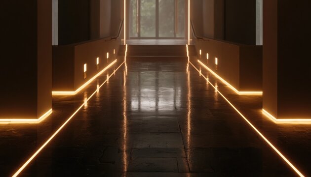 Dimly lit contemporary hallway with polished dark floors and integrated orange lighting