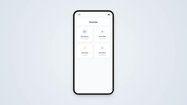 Smartphone Favorites Contacts Grid UI Animation Displaying User Avatars Initials and Job Roles Profiles