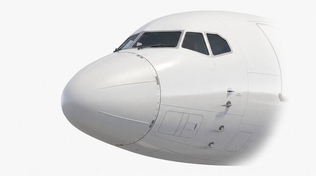Close up of a modern commercial airplane cockpit and nose section on a white background