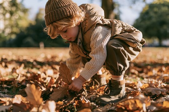 Child exploring fallen leaves in an autumn park while wearing a puffer vest and relaxed trousers Generative AI