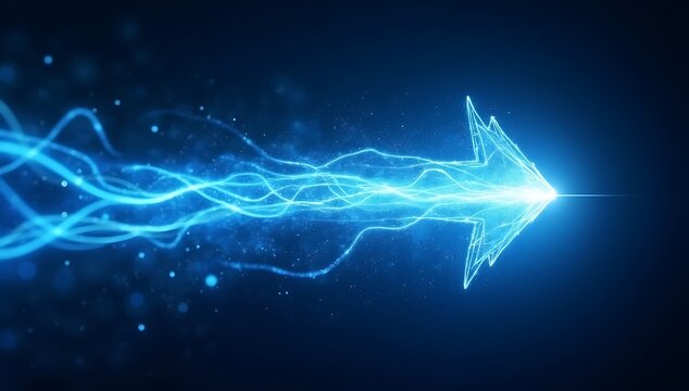 Glowing blue energy arrow on dark background with futuristic effect