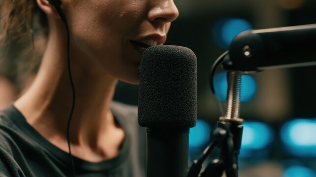 Female singer performing live with microphone in a dimly lit studio