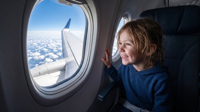 Joyful young child looking out airplane window at clouds and wing during flight