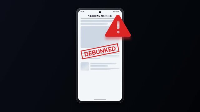 Debunked Fake News Stamp on Smartphone Screen Animation, Fact Checking Alert UI Concept, Disinformation Warning
