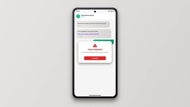 Fake News Government Grant Emergency Alert Animation, Smartphone Hoax Warning Popup UI, Fact Checking Concept