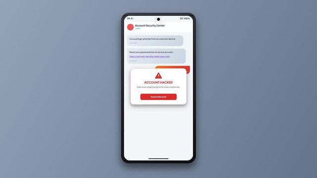 Account Security Center Password Reset Scam Animation, Mobile Hacked Warning Popup UI, Cybersecurity Breach Concept