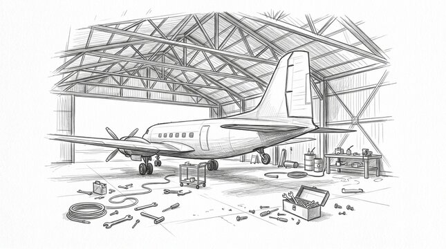 Airplane undergoing maintenance inside a hangar with tools scattered around
