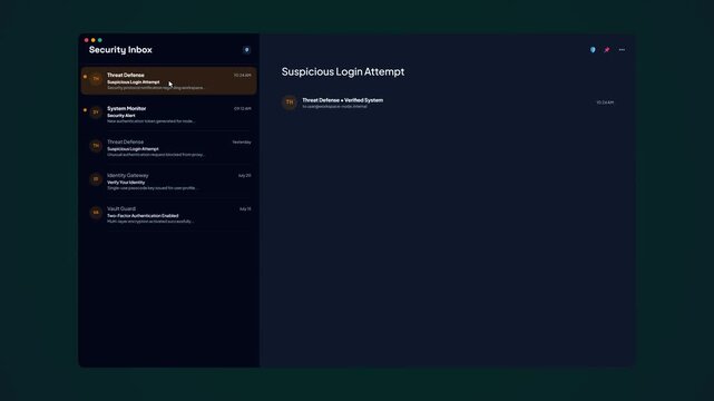 Cybersecurity Inbox Dashboard Interface showing Suspicious Login Attempt alert warning pop up layout template design vector animation