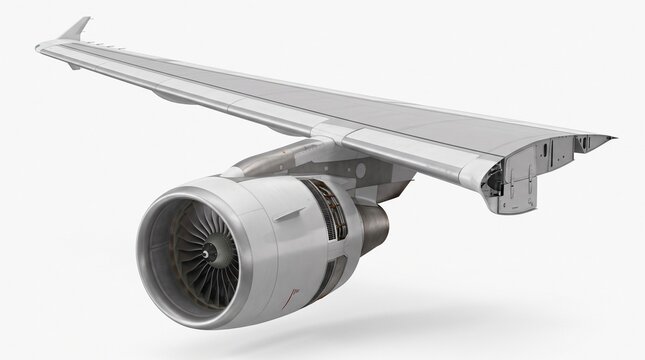 Detailed view of a modern jet airplane wing and turbofan engine with visible fan blades and internal components isolated on white