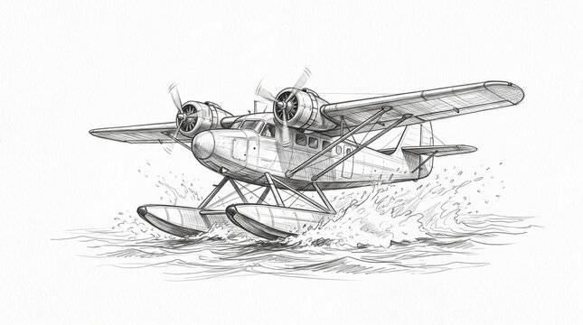 Vintage Twin Engine Seaplane Taking Off From Water With Spray And Waves Detailed Pencil Sketch