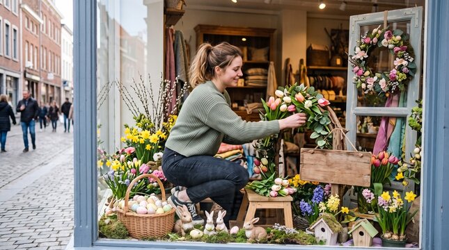 Florist arranging spring flowers and Easter decorations in a shop window display
