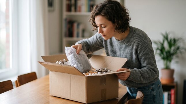 Woman unpacking a cardboard box with bubble wrap and packing paper