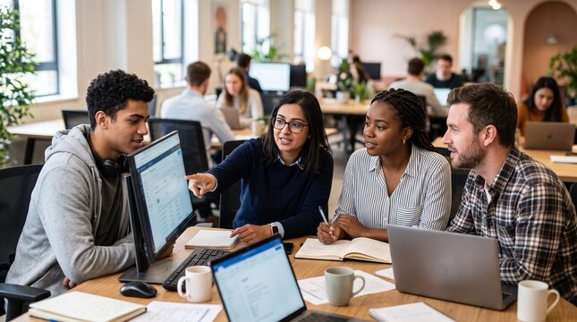 Diverse team collaborating on a project at computers in a modern office