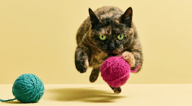Playful tortoiseshell cat pouncing on a bright pink yarn ball with a teal ball nearby