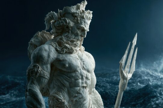 Powerful poseidon statue with trident amid crashing ocean waves