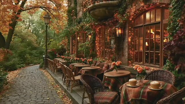 Paris, France, Europe. A vivid portrayal of an outdoor cafe or restaurant in a picturesque autumn setting. The main subject is a cozy, rustic cafe with warm, inviting ambiance.