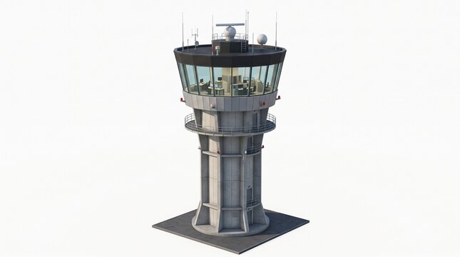 Modern Airport Air Traffic Control Tower with Radar and Communication Equipment on White Background