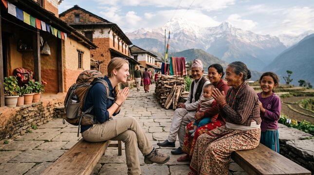Traveler greets local family in Himalayan village with prayer hands gesture