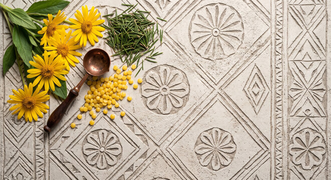 Cinematic flat lay of Engadine mountain Arnica and pine balm on sgraffito wall