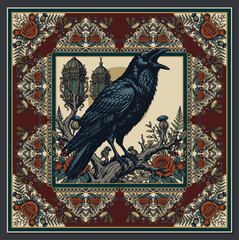 Obraz premium Vintage Celtic Raven Scarf Pattern Square Frame Art Nouveau Floral Border