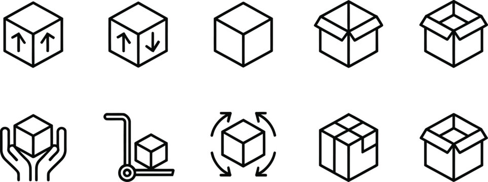 Logistics icons set minimal black and white line art vector packaging shipping boxes handling symbols