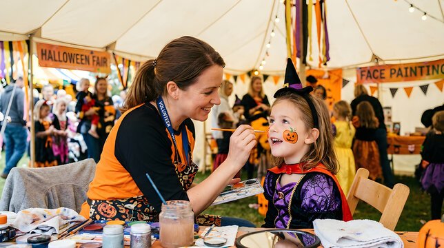 Female volunteer painting a small pumpkin on the cheek of a smiling young girl in a witch costume at a fair tent