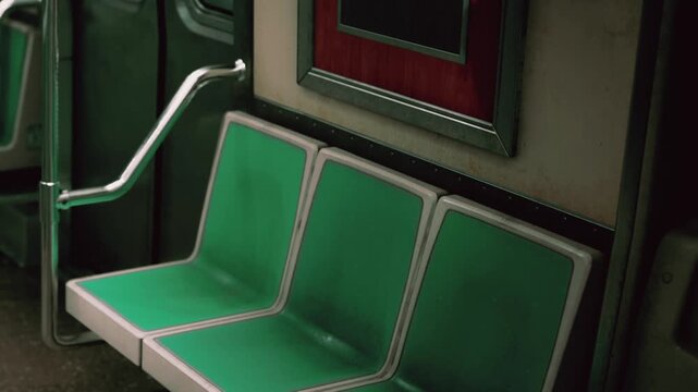 The image shows empty green subway seats inside a train. The scene is quiet, and the interior lighting gives a simple view of the urban transport. It is likely taken during off peak hours.