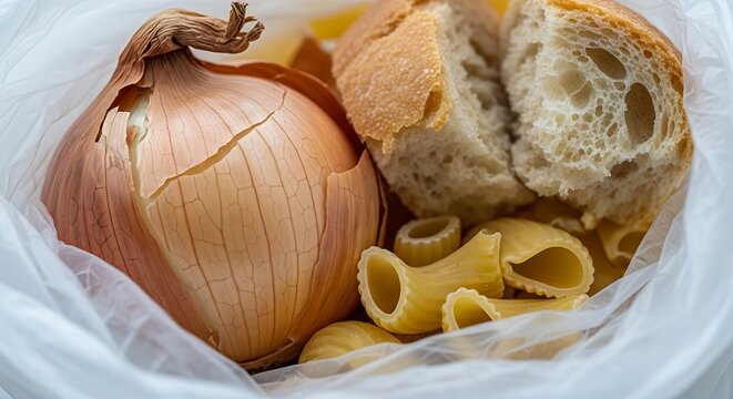Fresh brown onion and pieces of dry bread and pasta inside plastic bag