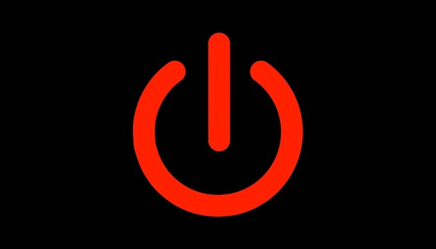 A glowing red power button symbol centered against a solid black background.
