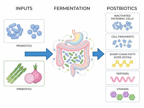 Gut fermentation process infographic with probiotics and postbiotics