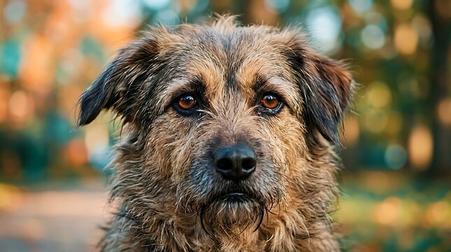Close up portrait of a scruffy brown dog looking at the camera outdoors.