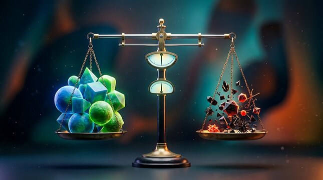 Conceptual balance scale showing contrast between geometric order and chaotic fragmented particles.