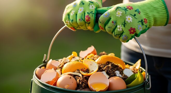 Person wearing floral gardening gloves holding bucket of kitchen compost waste